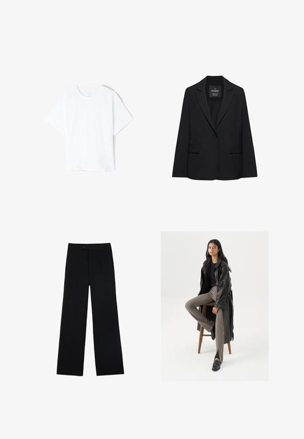 Sort skræddersyet blazer med enkeltknaplukning, skrå kraver og klaplommer, mærket Pull&Bear, vist på en hvid baggrund.; Enkelt hvid bomulds T-shirt med korte ærmer og rund hals, vist fladt på en hvid baggrund.; Sorte vidde bukser lavet af glat stof, med en frontknaplukning og to plissee for ekstra detaljer. Skræddersyet design i det hele taget.; Sort læder trench coat med knapper og bælte detalje, parret med lysebrune tætsiddende bukser og sorte loafers, siddende på en træstol.