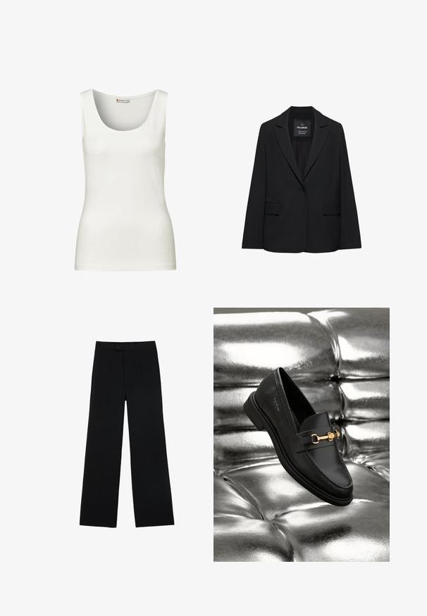 Blazer noir sur mesure avec fermeture à un bouton, revers crantés et poches à rabat, étiquette Pull&Bear, présenté sur fond blanc.; Débardeur blanc sans manches avec un col rond, fabriqué en tissu en coton lisse, présentant une coupe ajustée et sans motifs ni accents visibles.; Pantalons noirs à jambes larges en tissu lisse, dotés d'une fermeture à bouton à l'avant et de deux plis pour un détail supplémentaire. Design ajusté dans l'ensemble.; Mocassin en cuir noir avec un détail en métal doré. La chaussure présente un design épuré et une texture lisse et brillante.