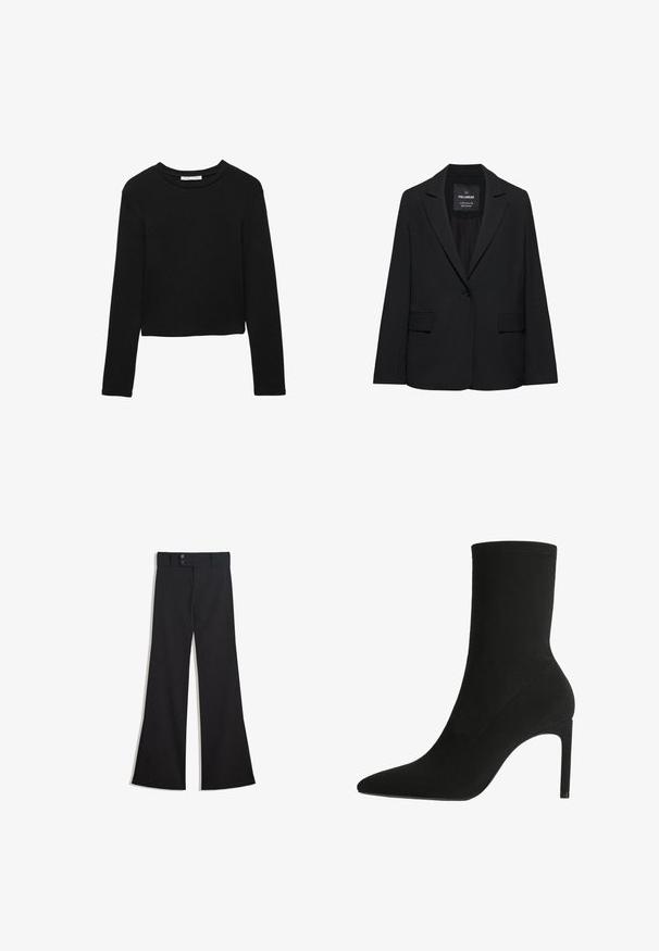 Sort skræddersyet blazer med enkeltknaplukning, skrå kraver og klaplommer, mærket Pull&Bear, vist på en hvid baggrund.; Sort langærmet cropped T-shirt lavet af blødt bomuld med klassisk rund halsudskæring og afslappet pasform. Ingen synlige mønstre eller accenter.; Sorte vidde bukser med høj talje, dobbelte knapper ved linningen og lynlås foran, lagt fladt på en hvid baggrund.; Sort ankelstøvle fremstillet af blødt suede, med spids tå og høj stilettohæl. Minimalistisk design uden synligt hardware eller mønstre.