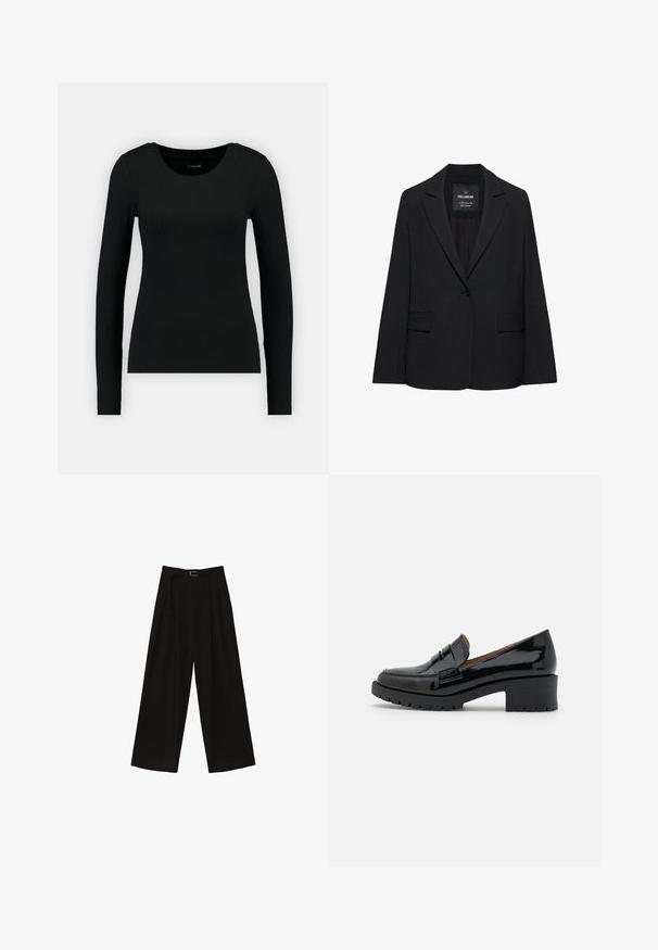Sort skræddersyet blazer med enkeltknaplukning, skrå kraver og klaplommer, mærket Pull&Bear, vist på en hvid baggrund.; Sort langærmet skjorte lavet af ribbet stof. Har en rund halsudskæring og tætsiddende silhuet. Enkelt design uden mønstre eller accenter.; Sorte brede bukser med høj talje, der har et bælte i taljen og plisseringer for tekstur. Fremstillet af et glat, letvægtsstof.; Sorte patenterede lædersko med en lav, chunky hæl, der har en frontrem detail og en tekstureret gummisål for godt greb.