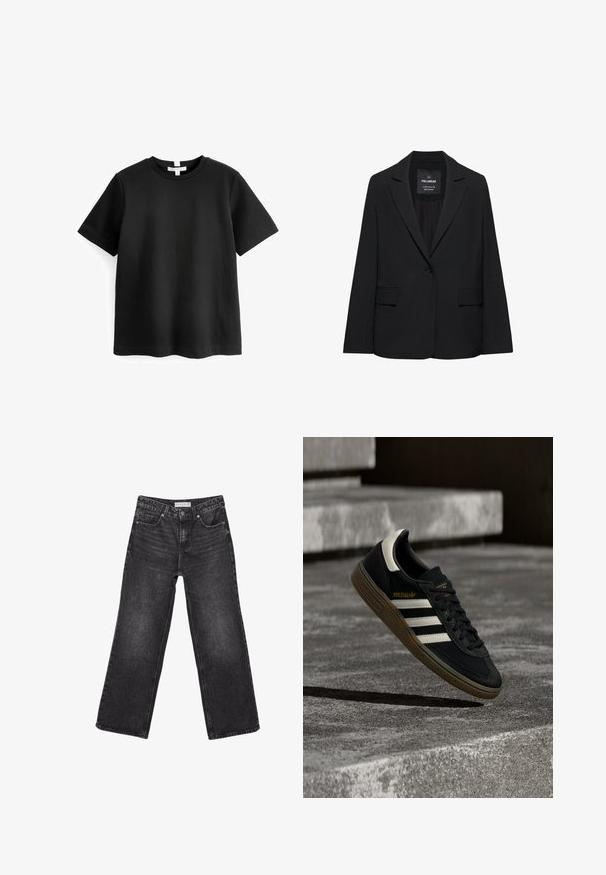 Sort skræddersyet blazer med enkeltknaplukning, skrå kraver og klaplommer, mærket Pull&Bear, vist på en hvid baggrund.; Sort kortærmet t-shirt lavet af glat bomuld, med rund halsudskæring og en lige afskæring. Enkel, minimal design uden mønstre.; Sorte jeans med vide ben, forlommer og knaplukning, størrelsesmærke 38 synligt på taljen.; Sort Adidas-sneaker med hvide striber og gummisåler, svævende over grå betontrapper i naturligt lys.