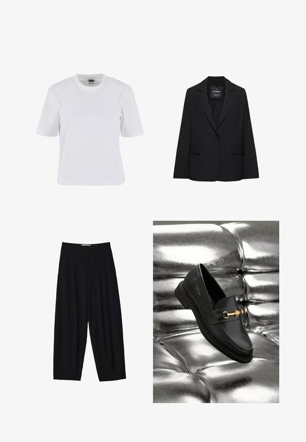 Blazer noir sur mesure avec fermeture à un bouton, revers crantés et poches à rabat, étiquette Pull&Bear, présenté sur fond blanc.; T-shirt blanc à manches courtes en coton, avec un col rond, une coupe décontractée et une texture lisse avec des détails de couture minimaux.; Pantalons larges noirs en tissu léger, avec des plis avant, une taille classique et des poches latérales. Texture douce.; Mocassin en cuir noir avec un détail en métal doré. La chaussure présente un design épuré et une texture lisse et brillante.