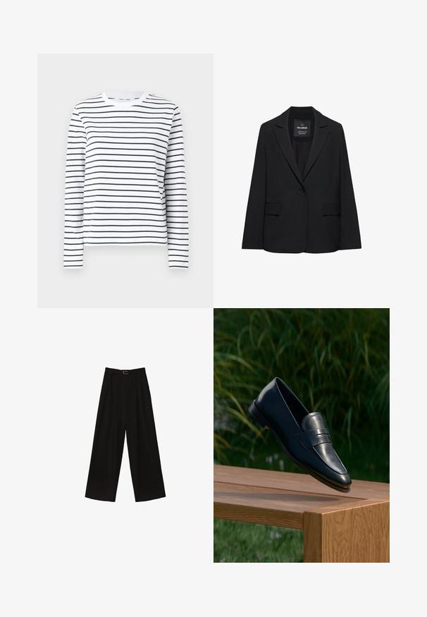 Čierne sako na mieru s jedným gombíkom, výrezmi na klopách a klopovými vreckami, označené značkou Pull&Bear, zobrazené na bielom pozadí.; Biela košeľa s dlhým rukávom z bavlny s čiernymi vodorovnými pruhmi. Má okrúhly výstrih a voľný strih. Bez výrazných akcentov alebo vzorov.; Čierne široké nohavice s vysokým pásom, vybavené pásom v páse a sklady pre textúru. Vyrobené z hladkej, ľahkej látky.; Čierny kožený mokasín vyvážený na hrane drevenej lavičky vonku s pozadím zeleného lístia.