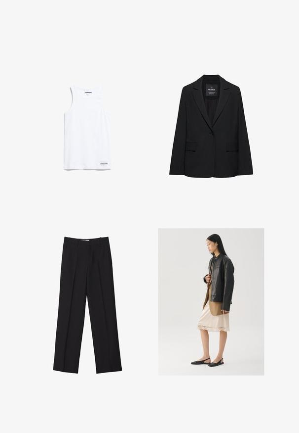 Schwarzer taillierter Blazer mit Ein-Knopf-Verschluss, Revers mit Kerbe und Pattentaschen, mit dem Etikett Pull&Bear, auf weißem Hintergrund dargestellt.; Weißes Tanktop aus Baumwolle. Verfügt über breite Träger und einen abgerundeten Halsausschnitt. Enthält ein kleines Markenlabel unten links.; Schwarze maßgeschneiderte Hosen mit geradem Bein, doppelten Falten, glatter Textur und dezenten Vordernahtdetails.; Schwarze Lederjacke über einem braunen Oberteil, kombiniert mit einem hellen cremefarbenen Slip-Kleid mit Spitzenbesatz und schwarzen Slingback-Schuhen.