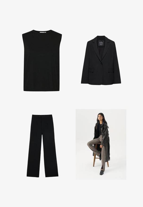 Schwarzer taillierter Blazer mit Ein-Knopf-Verschluss, Revers mit Kerbe und Pattentaschen, mit dem Etikett Pull&Bear, auf weißem Hintergrund dargestellt.; Schwarzes ärmelloses Oberteil mit rundem Halsausschnitt, aus einem gerippten Stoff gefertigt, mit lockerer Passform und geradem Saum, entworfen für Komfort.; Schwarze weit geschnittene Hosen aus glattem Stoff, mit einem Frontknopfverschluss und zwei Falten für zusätzliche Details. Maßgeschneiderter Gesamteindruck.; Schwarzer Leder-Trenchcoat mit Knöpfen und Gürtel-Detail, kombiniert mit hellbraunen, taillierten Hosen und schwarzen Slippern, sitzt auf einem Holzschemel.