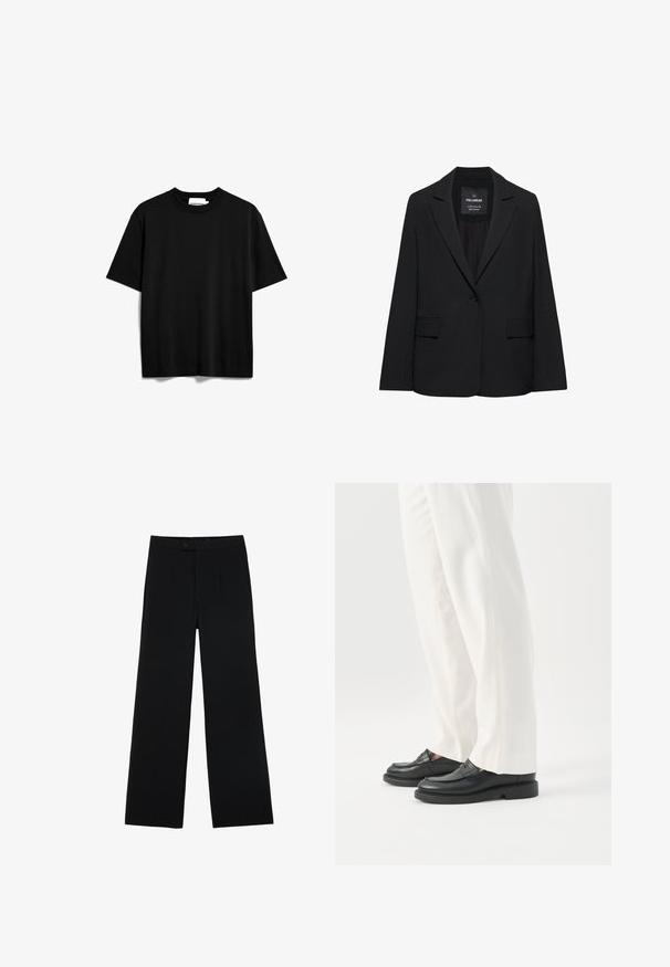 Schwarzer taillierter Blazer mit Ein-Knopf-Verschluss, Revers mit Kerbe und Pattentaschen, mit dem Etikett Pull&Bear, auf weißem Hintergrund dargestellt.; Schwarz, kurzes T-Shirt aus Baumwolle. Verfügt über einen Rundhalsausschnitt und eine lockere Passform mit einer glatten, matten Textur. Keine sichtbaren Muster oder Logos.; Schwarze weit geschnittene Hosen aus glattem Stoff, mit einem Frontknopfverschluss und zwei Falten für zusätzliche Details. Maßgeschneiderter Gesamteindruck.; Person trägt weiße, maßgeschneiderte Hose und schwarze Leder-Loafer und steht vor weißem Hintergrund.