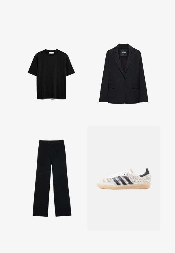 Zwart op maat gemaakte blazer met een enkele knoopsluiting, notch-revers en klepzakken, gelabeld Pull&Bear, weergegeven tegen een witte achtergrond.; Zwarte T-shirt met korte mouwen, gemaakt van katoen. Heeft een ronde hals en een relaxte pasvorm met een soepele, matte textuur. Geen zichtbare patronen of logo's.; Zwarte wijde broek van gladde stof, met een ritssluiting aan de voorkant en twee plooien voor extra detail. Over het geheel een nauwkeurige pasvorm.; Witte sneakers van mesh met een zwart ontwerp van drie strepen, een ronde neus en een rubberen gumzool. Voorzien van een zachte hielkraag en een vetersluiting.