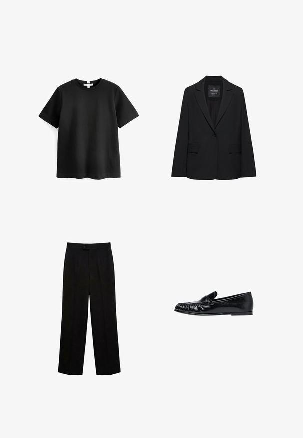 Schwarzer taillierter Blazer mit Ein-Knopf-Verschluss, Revers mit Kerbe und Pattentaschen, mit dem Etikett Pull&Bear, auf weißem Hintergrund dargestellt.; Schwarzes kurzärmeliges T-Shirt aus Baumwolle. Rundhalsausschnitt mit geradem Saum und ohne sichtbare Muster oder Grafiken. Weiche, glatte Textur.; Schwarze gerade geschnittene Anzughose mit Knopfverschluss und vorderen Bügelfalten, entworfen für formellen oder Bürogebrauch.; Schwarzer Lederloafer mit Mokassinnaht und flacher Sohle, von der rechten Seite auf weißem Hintergrund gezeigt.