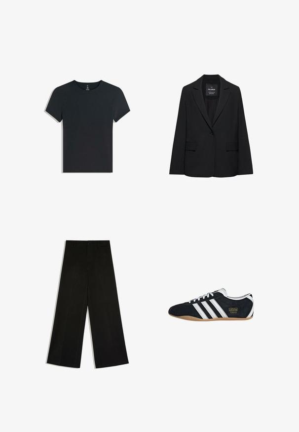 Zwart op maat gemaakte blazer met een enkele knoopsluiting, notch-revers en klepzakken, gelabeld Pull&Bear, weergegeven tegen een witte achtergrond.; Zwarte katoenen t-shirt met korte mouwen, ronde halslijn en een zachte, gladde textuur. Eenvoudig ontwerp, geen patronen of zichtbare hardware.; Zwarte wijde broek met riemlussen, knoop aan de voorkant en rits, plat neergelegd op een witte achtergrond.; Zwarte suède sneaker met witte drie strepen, gouden logo en een bruine rubberen zool. Heeft een laag profiel vetersluiting ontwerp.
