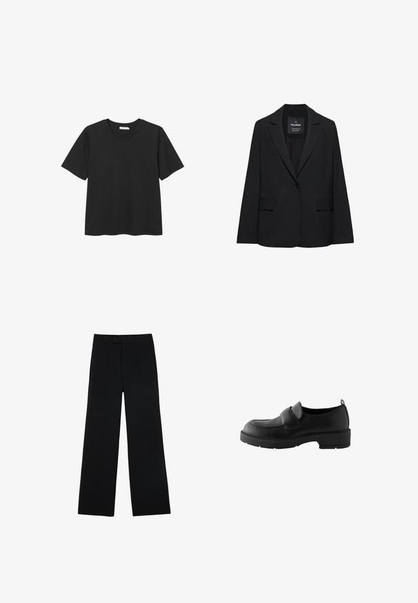 Zwart op maat gemaakte blazer met een enkele knoopsluiting, notch-revers en klepzakken, gelabeld Pull&Bear, weergegeven tegen een witte achtergrond.; Zwarte T-shirt met korte mouwen en ronde hals, gemaakt van zacht katoen, met een rechte zoom en zonder zichtbare patronen of accenten.; Zwarte wijde broek van gladde stof, met een ritssluiting aan de voorkant en twee plooien voor extra detail. Over het geheel een nauwkeurige pasvorm.; Zwarte leren loafers met een ronde neus, voorzien van een voorband en een rubberen zool met textuur voor grip. Inclusief een trekband aan de hiel.