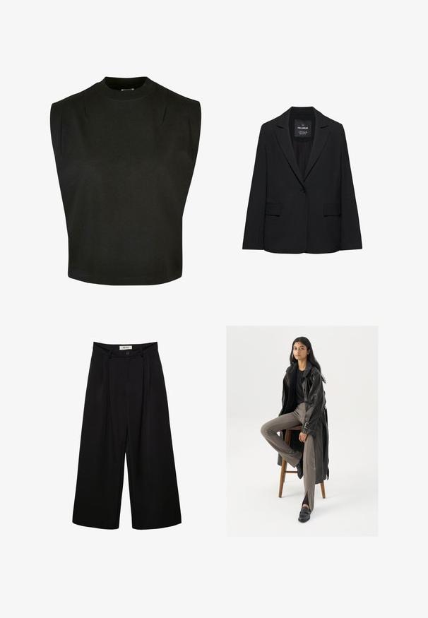 Blazer noir sur mesure avec fermeture à un bouton, revers crantés et poches à rabat, étiquette Pull&Bear, présenté sur fond blanc.; Top sans manches noir en coton avec un col montant, présentant des épaules structurées et une coupe ample, avec un ourlet net et sans motifs visibles.; Pantalon noir à jambes larges avec taille haute, présentant des plis à l'avant, deux poches latérales et une fermeture par bouton. Texture de tissu lisse.; Manteau trench en cuir noir avec des boutons et une ceinture, associé à un pantalon ajusté marron clair et des mocassins noirs, assis sur un tabouret en bois.