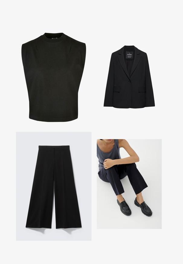 Sort skræddersyet blazer med enkeltknaplukning, skrå kraver og klaplommer, mærket Pull&Bear, vist på en hvid baggrund.; Sort ærmeløs top lavet af bomuld med høj halsudskæring, der har struktur i skuldrene og en løs pasform, ren kant og uden synlige mønstre.; Sorte bukser med vide ben lavet af glat stof, med høj talje, læg foran og uden synligt hardware eller mønstre.; Sorte læderloafers med teksturerede detaljer, lav hæl, rund tå og synlige syninger. Modellen bærer mørke bukser og en grå top.
