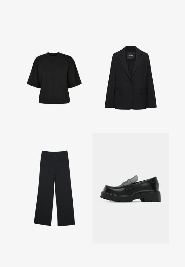 Blazer noir sur mesure avec fermeture à un bouton, revers crantés et poches à rabat, étiquette Pull&Bear, présenté sur fond blanc.; T-shirt noir court en coton. Doté de manches courtes et d'un col rond. Texture lisse avec un design simple, sans motifs supplémentaires.; Pantalons larges en tissu noir, avec des poches avant et une fermeture à bouton. Texture lisse, coupe ajustée et design à longueur complète.; Mocassins en cuir noir avec une semelle épaisse et texturée, dotés d'une sangle sur le vamp et d'une finition lisse et polie.