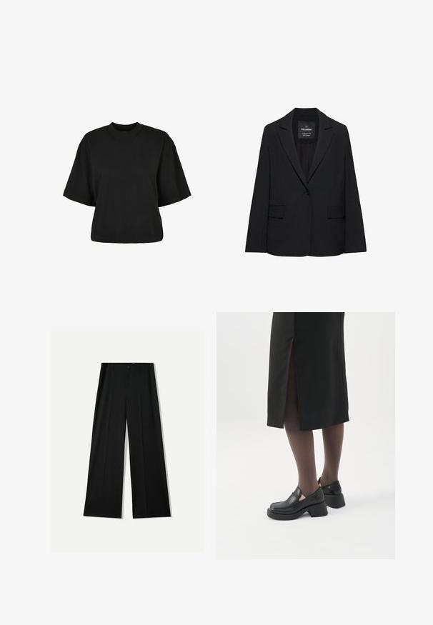 Zwart op maat gemaakte blazer met een enkele knoopsluiting, notch-revers en klepzakken, gelabeld Pull&Bear, weergegeven tegen een witte achtergrond.; Zwart cropped t-shirt van katoen. Heeft korte mouwen en een ronde halslijn. Glad materiaal met een eenvoudig ontwerp, geen extra patronen.; Bershka WIDE - Broek - black; Vrouw met zwarte loafers met grove hak, zwarte doorschijnende panty's en een zwarte rok met een split aan de achterkant op een witte achtergrond.