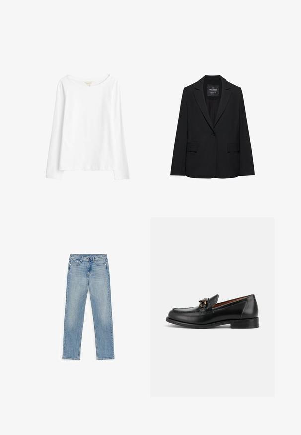 Zwart op maat gemaakte blazer met een enkele knoopsluiting, notch-revers en klepzakken, gelabeld Pull&Bear, weergegeven tegen een witte achtergrond.; Seasalt Cornwall Longsleeve - white salt; Lichtblauwe recht uitgesneden spijkerbroek met knoop aan de voorkant, ritssluiting, lusjes voor een riem en een vijfzakkenontwerp op een witte achtergrond.; Zwarte leren loafer met lage hak, afgeronde neus en decoratieve metalen gesp aan de voorkant.