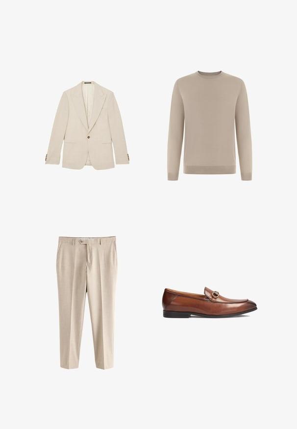 Beige herreblazer med enkelt knap, krave med hak og to forlommer samt knapper på ærmekanterne, vist på hvid baggrund.; Beige langærmet sweater lavet af blødt, fint strikket stof. Har en rund halsudskæring og ribstrikkede ærmeafslutninger og kant for et tætsiddende udseende.; Beige formelle bukser med bæltestropper, sidelommer, knaplukning og lynlås, vist mod en hvid baggrund.; Brune læder loafers med rund tå, syningsdetaljer og en dekorativ metalspændeaccent foran. Gummisol.