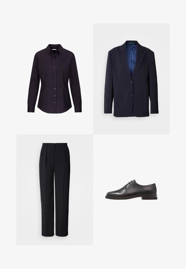 Marineblazer van gladde stof, met twee zijzakken, twee knopen en een blauwe satijnen voering. Minimalistisch ontwerp met geknipte revers.; Zwarte damesblouse met lange mouwen, aangesloten pasvorm, knoopsluiting, kraag en naaddetails aan de zijkanten, getoond op een witte achtergrond.; Zwarte, op maat gemaakte rechtgesneden broek met plooien aan de voorkant, lussen voor een riem en een verborgen sluiting aan de voorkant, tegen een witte achtergrond.; Zwarte leren dressshoe met een gladde afwerking, ronde neus en lage blokhak, met minimale vetersluiting voor een gestroomlijnde uitstraling.