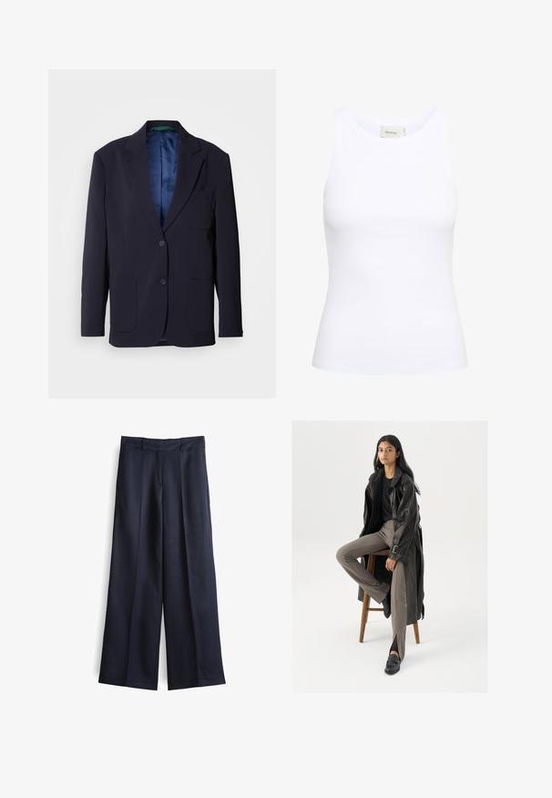 Marineblazer aus glattem Stoff, mit zwei Fronttaschen, zwei Knöpfen und einer blauen Satin-Fütterung. Minimalistisches Design mit Reverskragen.; Weißes, geripptes Tanktop mit Rundhalsausschnitt und ohne Ärmel. Elastisches Material und figurbetontes Design. Das Etikett auf der Rückseite trägt die Aufschrift "GESTUZ."; Weit geschnittene Hose aus dunkelblauem Stoff mit glatter Textur, ausgestattet mit einem vorderen Falz, Gürtelschlaufen und einem maßgeschneiderten Bund.; Schwarzer Leder-Trenchcoat mit Knöpfen und Gürtel-Detail, kombiniert mit hellbraunen, taillierten Hosen und schwarzen Slippern, sitzt auf einem Holzschemel.