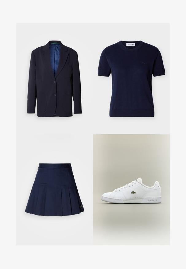 Marineblazer aus glattem Stoff, mit zwei Fronttaschen, zwei Knöpfen und einer blauen Satin-Fütterung. Minimalistisches Design mit Reverskragen.; Marineblaues, kurzärmliges Strickoberteil mit Rundhalsausschnitt, gerippten Bündchen und kleinem, besticktem Lacoste-Logo auf der linken Brust.; Marineblauer Faltenrock mit einem taillierten Bund, aus einem glatten Stoff gefertigt. Verfügt über ein kleines Lacoste-Logo am Saum.; Weiße Sportschuhe aus synthetischem Leder, mit einem grünen gestickten Krokodil-Logo, Schnürdesign und minimalistischer Silhouette.
