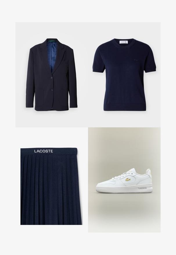 Marineblazer van gladde stof, met twee zijzakken, twee knopen en een blauwe satijnen voering. Minimalistisch ontwerp met geknipte revers.; Marineblauw gebreid topje met korte mouwen, ronde halslijn, geribbelde zomen en klein geborduurd Lacoste-logo op de linkerborst.; Marineblauwe geplisseerde rok met een elastische tailleband en witte "LACOSTE"-logo. Zachte stofstructuur met verticale plooien voor beweging.; Witte lage Lacoste sneaker met gouden logo aan de zijkant, witte veters en rubberen zool tegen een neutrale achtergrond.