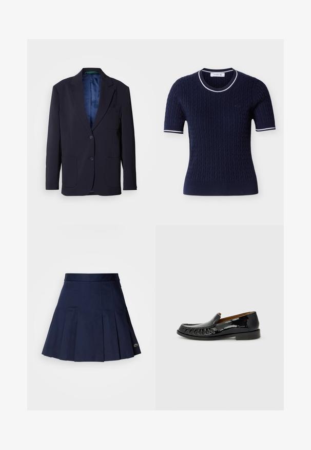 Blazer navy hecho de una tela suave, con dos bolsillos frontales, dos botones y un forro de satén azul. Diseño minimalista con solapas de muesca.; Camiseta de punto de manga corta azul marino con patrón de cables, ribete a rayas blancas en el cuello y los bordes de las mangas, y pequeño logo bordado en el pecho.; Falda plisada azul marino con una cintura ajustada, fabricada con una tela suave. Presenta un pequeño logotipo de Lacoste en el dobladillo.; Mocasines de charol negro con un diseño de flecos en la parte delantera y puntera redonda. La suela es plana y texturizada para mayor agarre.