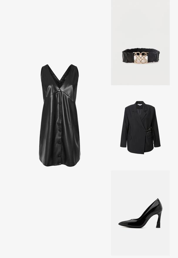 Blazer negro con diseño de doble botonadura, grandes solapas, bolsillos laterales y correas decorativas con hebilla en la cintura para un ajuste ajustable.; Vestido negro sin mangas de cuero sintético con escote en V, botonadura en la parte frontal y dobladillo ligeramente acampanado.; Zapato de tacón alto de charol negro con punta afilada y tacón cuadrado que presenta un acento de logo. Textura de superficie suave y brillante.; Cinturón ancho negro con volantes y una hebilla doble en espiral de tono dorado texturizado en el centro, sobre un fondo blanco liso.