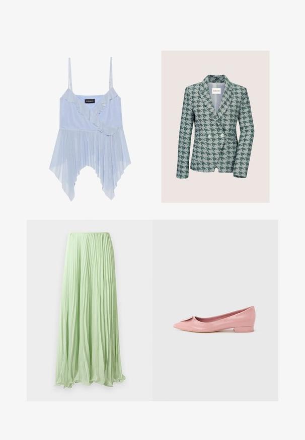 Groen-wit pied-de-poule patroon dubbelrijjige blazer met revers, twee knopen en lange mouwen.; Even&Odd Top - sky blue; Lichtgroene geplooide lange rok van lichte stof met elastische tailleband, weergegeven tegen een witte achtergrond.; Roze lakleren ballerina met een puntige neus, voorzien van een klein strikdetail op de wreef en een lage, vierkante hak.