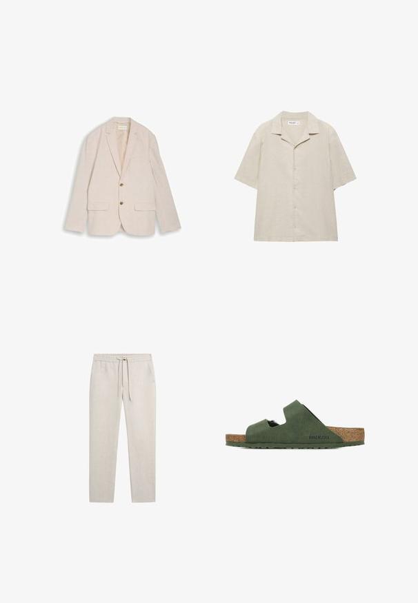 Beige herreblazer med hakkede revers, to brune knapper, klaplommer og brystlomme, lagt fladt på hvid baggrund.; Beige kortærmet skjorte med knapper og camp-krave, lavet af et let stof, vist fladt på en hvid baggrund.; Beige afslappede bukser med elastisk talje og snøre, med sidelommer og lige ben.; Grønne Birkenstock-sandaler med to udskårne stropper, en korksål og en tekstureret ydre finish. Sålen er flad med et skridsikkert design.