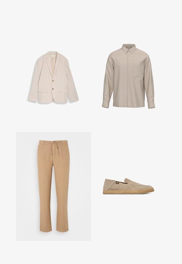 Beiger Herrenblazer mit Kerbkragen, zwei braunen Knöpfen, Pattentaschen und Brusttasche, flach auf weißem Hintergrund liegend.; Beige langärmliges Hemd mit Knopfleiste, spitzem Kragen und einer Brusttasche, präsentiert vor weißem Hintergrund.; Beige Leinenhosen mit geradem Bein, Kordelzugbund und dezent strukturiertem Finish. Vorderfalten verleihen dem klassischen Stil Detail.; Beige Slip-On mit Wildleder-Obermaterial und strukturierter gewebter Sohle, mit kleinem Stoff-Logoetikett an der Seite nahe der Ferse.