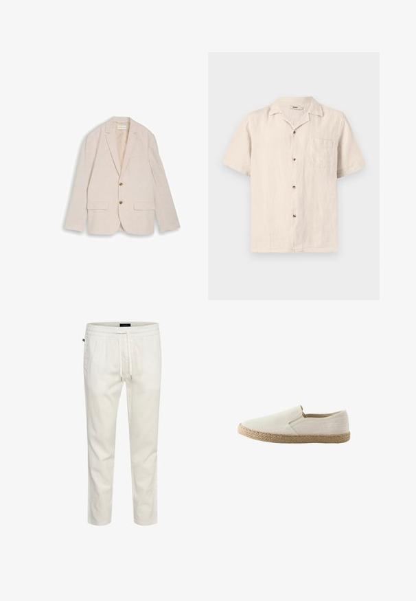 Blazer beige de hombre con solapas con muesca, dos botones marrones, bolsillos con solapa y bolsillo en el pecho, colocado plano sobre fondo blanco.; Camisa beige de manga corta con botones, bolsillo en el pecho y cuello tipo "camp collar", hecha de tela ligera y texturizada.; Joggers ligeros de algodón blanco con cintura elástica, cierre con cordón y un corte relajado. Textura suave sin patrones ni acentos.; Zapato beige tipo mocasín con suela de yute trenzado y parte superior de tela lisa, vista lateral sobre fondo blanco.