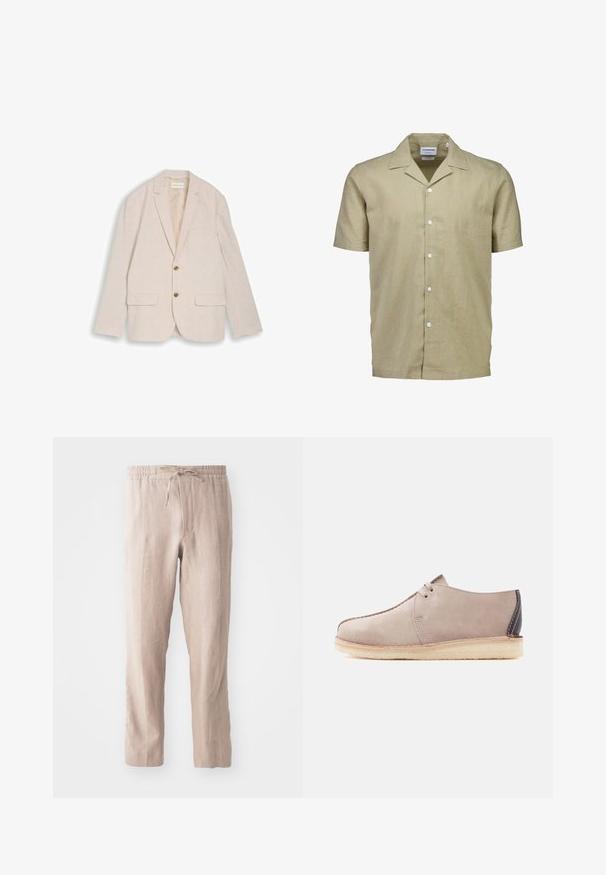 Beige herreblazer med hakkede revers, to brune knapper, klaplommer og brystlomme, lagt fladt på hvid baggrund.; Kortærmet beige linnedskjorte med afslappet pasform, spids krave og hvide knapper foran.; Beige linnedbukser med elastisk talje og snor. Lige ben design med en blød tekstur og minimalistisk stil.; Beige ruskind casual sko med to snørehuller, crepesål og mørkebrun hæl lap, vist i sideprofil på hvid baggrund.