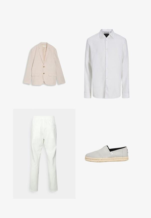 Beige herreblazer med hakkede revers, to brune knapper, klaplommer og brystlomme, lagt fladt på hvid baggrund.; Hvid langærmet skjorte med knapper og klassisk krave, vist på en ensfarvet baggrund, set forfra.; Hvide bomuldsbukser med elastisk talje, lige snit, to baglommer og en glat, mat tekstur.; Grå slip-on sko lavet af tekstil med en rund tå, jute reb sål og sort inderside. Har diskret syninger og logo detaljer.