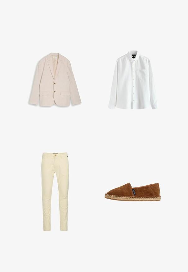 Blazer beige de hombre con solapas con muesca, dos botones marrones, bolsillos con solapa y bolsillo en el pecho, colocado plano sobre fondo blanco.; Camisa blanca de manga larga con botones, cuello abotonado y bolsillo en el pecho, mostrada sobre un fondo blanco.; Chinos de algodón beige con un corte slim, que cuentan con un cierre de botón y un detalle de costura sutil en los bolsillos. Textura suave con un acabado pulido.; Espadrilla de ante marrón tipo slip-on con puntera redondeada, suela de yute natural y costuras en el borde. Sin marcas visibles exceptuando una etiqueta pequeña.