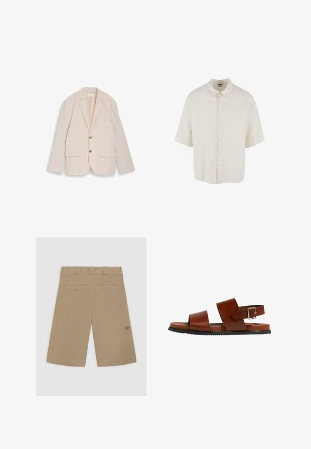 Beige herenblazer met inkepingskraag, twee bruine knopen, klepzakken en een borstzak, plat liggend op een witte achtergrond.; Korte mouwen shirt van crèmekleurige stof, met een relaxte pasvorm, knoopsluiting en een klassieke kraagontwerp.; Lichtbruine shorts met een platte voorkant, twee achterzakken en een zij cargozak. Gemaakt van gladde katoenen stof.; Bruine leren sandalen met twee brede banden en een verstelbare enkelgesp. Heeft een vlakke zool en een gestructureerde zwarte rubberen buitenzool.