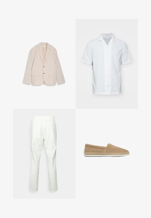 Beige herreblazer med hakkede revers, to brune knapper, klaplommer og brystlomme, lagt fladt på hvid baggrund.; Kortærmet skjorte i let hvidt linned med krave, knaplukning foran og diskret tekstur. Har en lige kant og oprevne ærmer.; Hvide bomuldsbukser med elastisk talje, lige snit, to baglommer og en glat, mat tekstur.; Beige slip-on afslappet sko med ruskindsoverdel, flettet jutebiste rundt om sålen og hvid gummisål.