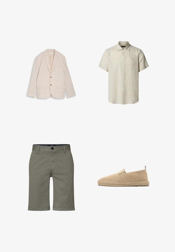 Beiger Herrenblazer mit Kerbkragen, zwei braunen Knöpfen, Pattentaschen und Brusttasche, flach auf weißem Hintergrund liegend.; Beiges Leinenhemd mit kurzen Ärmeln, Knopfleiste, Kragen und dezentem gesticktem Logo auf der linken Brust.; Khakishorts aus einem glatten Baumwollmischmaterial, mit einem Reißverschluss, einem Knopfverschluss und Fronttaschen. Gerades Bein Design, knielanger Schnitt.; Beige Canvas-Espadrille zum Hineinschlüpfen mit genähter Jutesohle und kleinem Stofflaschen am Absatz, seitlich auf weißem Hintergrund gezeigt.