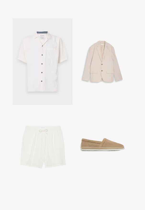Blazer beige de hombre con solapas con muesca, dos botones marrones, bolsillos con solapa y bolsillo en el pecho, colocado plano sobre fondo blanco.; Camisa de manga corta hecha de una tela ligera, en color blanco roto, con un bolsillo en el pecho y botones negros a lo largo del cierre frontal.; Pantalones cortos de lino blanco con cintura elástica y cordón. Presenta dos bolsillos laterales y un corte relajado. Textura suave.; Zapato casual beige tipo slip-on con parte superior de ante, ribete trenzado de yute alrededor de la suela y suela exterior de goma blanca.