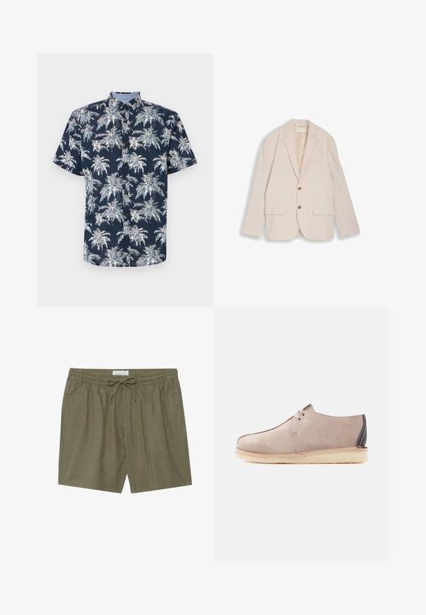 Blazer beige de hombre con solapas con muesca, dos botones marrones, bolsillos con solapa y bolsillo en el pecho, colocado plano sobre fondo blanco.; Camisa de manga corta, abotonada, en azul marino con un estampado de palmeras blancas. Presenta un cuello con pico y botones marrones. Tejido texturizado.; Pantalones cortos verde oliva hechos de tela texturada, con una cinturilla elástica y cordón ajustable, y bolsillos laterales para mayor comodidad.; Zapato casual de ante beige con cordones de dos ojales, suela de crepé y parche en el talón de color marrón oscuro, mostrado de perfil sobre fondo blanco.