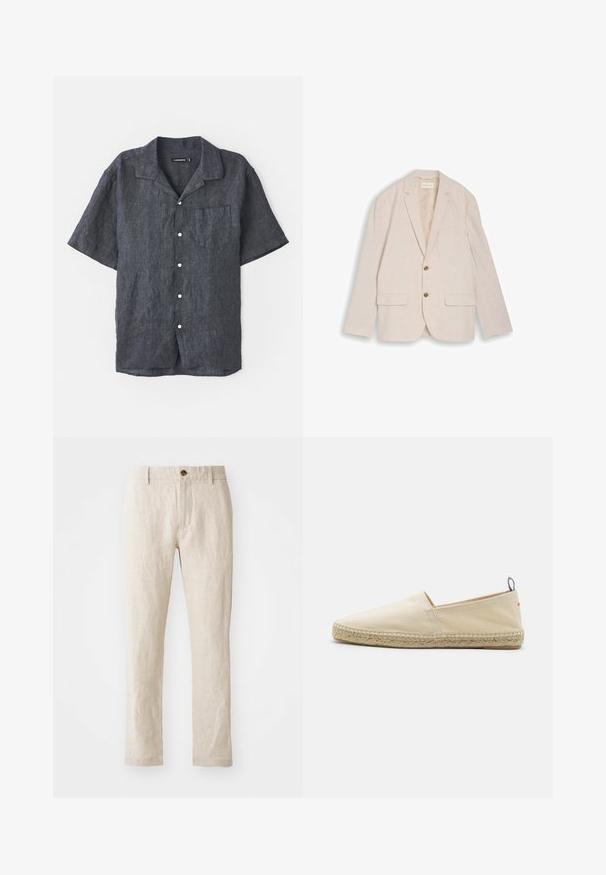 Beige herreblazer med hakkede revers, to brune knapper, klaplommer og brystlomme, lagt fladt på hvid baggrund.; Kortærmet skjorte i antracit lin med afslappet krave, frontlomme og hvide knapper. Glat tekstur med subtile stofvariationer.; Beige linnedragt med slim fit, der har en enkelt brun knaplukning, lige ben og en struktureret stoffinish.; Beige canvas espadrille med rund tå, flettet jutesål og en lille rød og blå accent på hælen. Letvægtig uden lukning.
