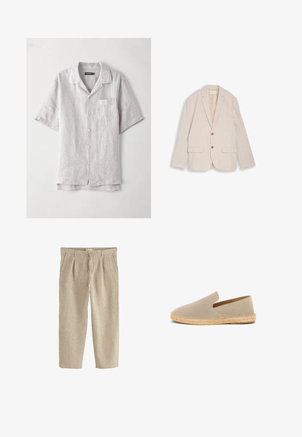 Beige herreblazer med hakkede revers, to brune knapper, klaplommer og brystlomme, lagt fladt på hvid baggrund.; Kortærmet, lys grå linskjorte med spids krave, brystlomme og fire knapper ned langs midten. Glat tekstur, afslappet pasform.; Beige linnedbukser med forplisseringer foran, sidelommer, knaplukning og snøre i taljen.; Beige ruskind espadrille med elastisk skaft, jutesnoet sål og lav hæl, set fra siden på hvid baggrund.