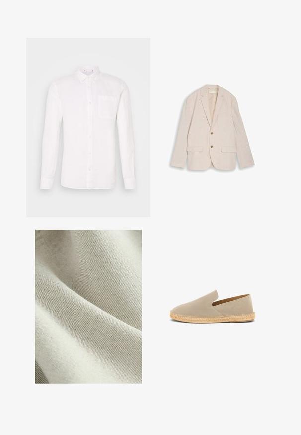 Beige herreblazer med hakkede revers, to brune knapper, klaplommer og brystlomme, lagt fladt på hvid baggrund.; Hvid langærmet skjorte i lin med knap-ned krave, enkelt brystlomme og lige snit. Glat tekstur, minimalistisk design.; Lys beige tekstureret stof med et subtilt vævemønster, der viser glatte og let matte overflader, og præsenterer bløde folder.; Beige ruskind espadrille med elastisk skaft, jutesnoet sål og lav hæl, set fra siden på hvid baggrund.