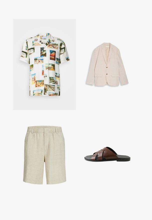 Beige herreblazer med hakkede revers, to brune knapper, klaplommer og brystlomme, lagt fladt på hvid baggrund.; Hvid kortærmet skjorte med et collage af fotografier af tropiske scener i forskellige farver. Letvægtsstof, knaplukning foran og afslappet pasform.; Beige knælange shorts med elastisk talje, bæltestropper, frontknap og lynlås lavet af lette materialer.; Herrebrun lædersandal med krydsede remme og sort sål, vist i profil mod hvid baggrund.