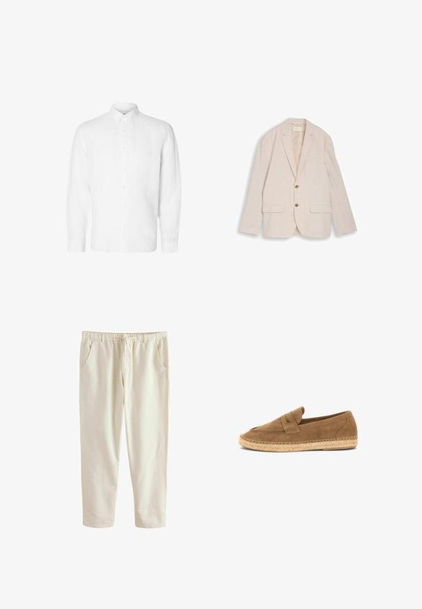 Beiger Herrenblazer mit Kerbkragen, zwei braunen Knöpfen, Pattentaschen und Brusttasche, flach auf weißem Hintergrund liegend.; Weißes Langarmhemd aus Leinen mit Button-Down-Kragen, vorderen Knöpfen und einer lässigen Passform mit geraden Manschetten.; Beige Freizeithose mit elastischem Bund, vorderem Kordelzug, seitlichen Taschen und geradem Bein auf weißem Hintergrund.; Brauner Wildleder-Slipper mit gewebter Jutesohle und Penny-Riemendetail, entworfen für den Freizeitgebrauch.