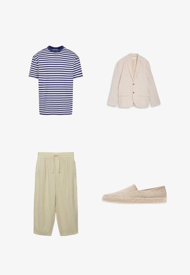 Beige herreblazer med hakkede revers, to brune knapper, klaplommer og brystlomme, lagt fladt på hvid baggrund.; T-shirt med korte ærmer i striber med marineblå og hvide vandrette striber, rund halsudskæring, afslappet pasform og blødt bomuldsstof.; Beige løstsiddende cropped bukser med elastisk talje og snøre foran, lavet af letvægtsstof.; Beige canvas slip-on sko med en vævet jute mellemsål, med en rund tå og elastiske sidepaneler for komfort.