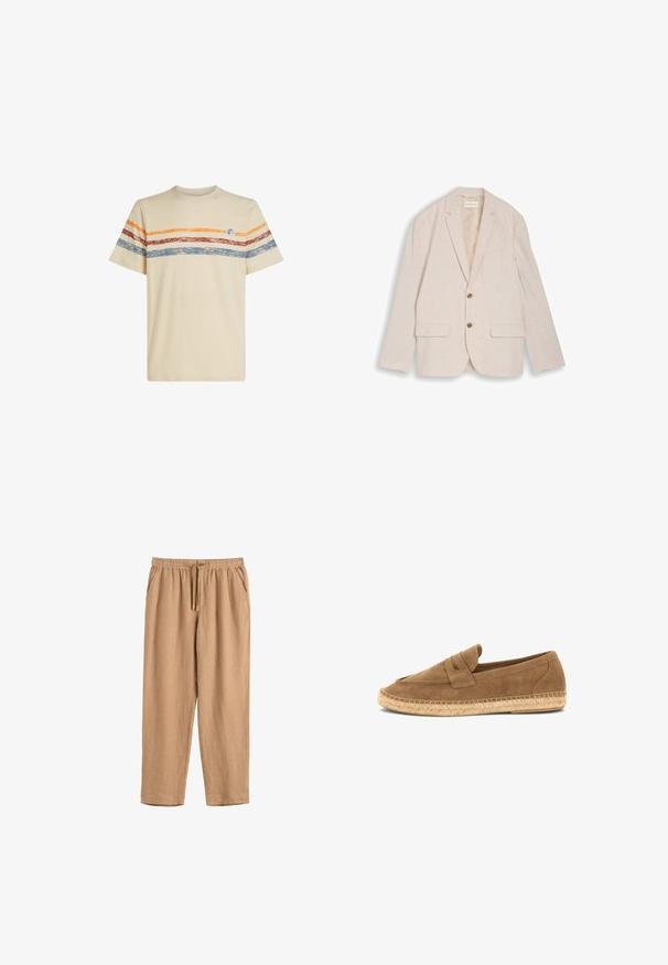 Beige herreblazer med hakkede revers, to brune knapper, klaplommer og brystlomme, lagt fladt på hvid baggrund.; Cremefarvet bomulds t-shirt med horisontale striber i orange, rød og blå. Korte ærmer, rund halsudskæring og lille logo-detail på brystet.; Løse beige linnedbukser med elastisk talje, snøre, knaplukning og sidelommer.; Brun ruskindsloafer med flettet jutesål og penny-remdetalje, designet til afslappet brug.
