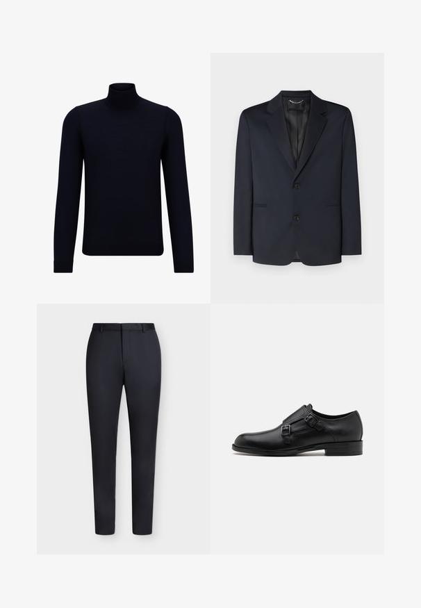 Marineblå blazer lavet af glat stof, med notched lapel, to knapper og sidelommer med diskret pressefolderdetalje.; Mørkeblå turtleneck sweater lavet af fint strikstof, med lange ærmer og en tætsiddende, høj halsudskæring. Ingen synlige mønstre eller detaljer.; Sorte, skræddersyede slim-fit bukser med bæltestropper og skjult frontlukning, vist mod en hvid baggrund.; Sort læderherresko med dobbelte spænder, slank silhuet og rund tå. Har en lav hæl og glat tekstur.