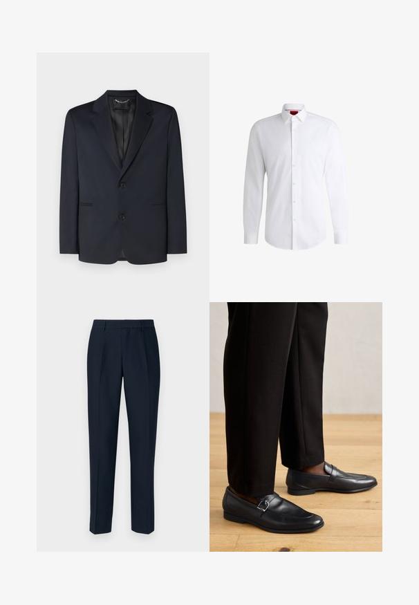 Blazer bleu marine en tissu lisse, avec un col cranté, deux boutons et des poches latérales avec des détails de pli subtils.; Chemise blanche à manches longues en tissu lisse avec un col classique et un ourlet arrondi. Présente des boutons beiges à l'avant.; Pantalons ajustés bleu marine à coupe droite, avec des plis à l'avant, une texture lisse et des passants de ceinture standard.; Mocassins en cuir noir avec une texture lisse, dotés d'une boucle décorative, associés à un pantalon noir ajusté sur un sol en bois.