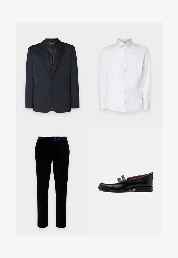 Blazer azul marino hecho de tela suave, con solapas de muesca, dos botones y bolsillos laterales con sutiles detalles de pliegue.; Camisa blanca de manga larga hecha de tela suave, con un cuello clásico, tapeta de botones y puños con botones, presentada sobre un fondo liso.; Pantalones de terciopelo azul oscuro con un frente plano, presillas para cinturón y un diseño ajustado. La textura suave y el brillo sutil mejoran la apariencia.; Mocasín de cuero blanco y negro con detalles cosidos, tacón bajo y diseño tipo slip-on, mostrado de lado sobre un fondo liso.