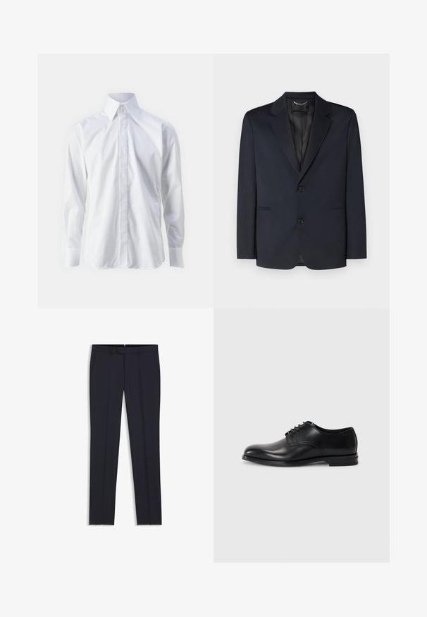 Marineblå blazer lavet af glat stof, med notched lapel, to knapper og sidelommer med diskret pressefolderdetalje.; Hvid langærmet skjorte lavet af glat stof, med klassisk krave, knaplukning og en diskret broderet logo nederst til venstre.; Sorte skræddersyede slim-fit bukser med bæltestropper og forlommer, lagt fladt på en hvid baggrund.; Sorte læderherresko med rund tå, snørebåndsdesign, glat overflade og en lavprofil gummisål. Minimal syning detaljer.