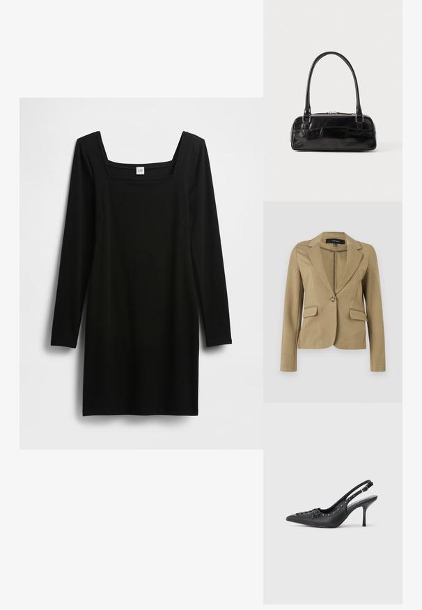 Beige skræddersyet blazer med lange ærmer, reverskrave, enkelt knaplukning og to klaplommer, vist på ensartet baggrund.; Sort langærmet kjole med firkantet udskæring, lavet af et glat, elastisk stof. Enkel, tætsiddende design uden yderligere mønstre eller detaljer.; Sorte læder slingback stiletto med spids tå, side spændebånd, nitter langs kanten og dekorativ snøring foran.; Sort læderhåndtaske med rektangulær form, der har et enkelt struktureret håndtag, sølvhardware og lynlås-lukning. Glat tekstur.